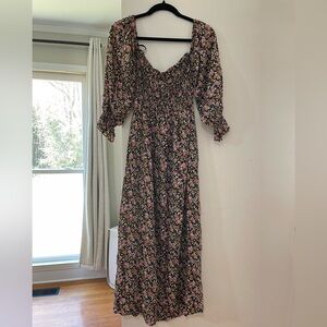 Smocked Floral Maxi Dress in Black and Pink